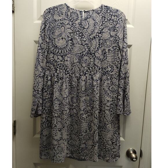 LOFT Outlet Womens Size Medium Blue Paisley Floral Flare Sheer Sleeve Mini Dress - Picture 3 of 8